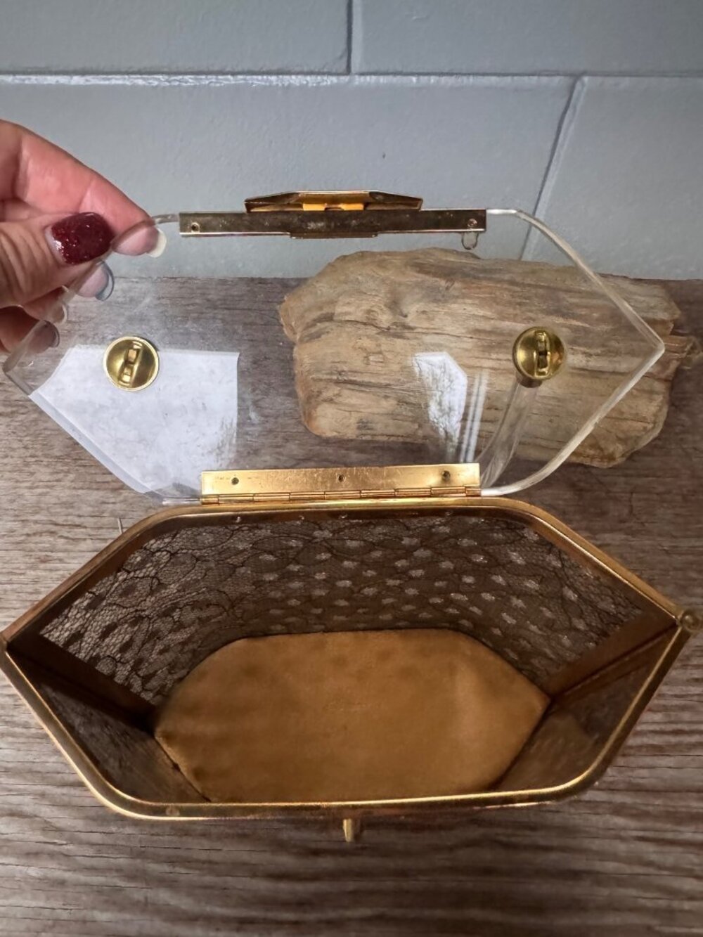 Majestic Lucite Box Purse Black Lace Gold Tone Vintage 1950s Evening Handbag - Picture 6 of 7
